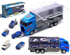 Transporter ciężarówka tir wyrzutnia + metalowe auta policja