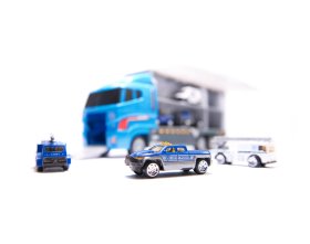 Transporter ciężarówka tir wyrzutnia + metalowe auta policja